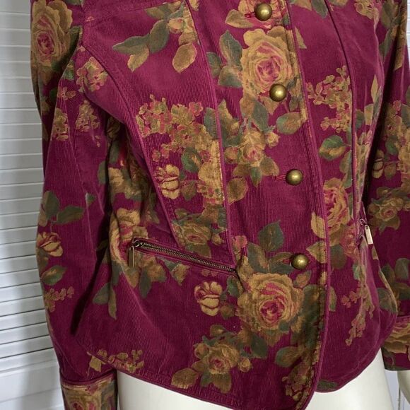 Liz Claiborne Wine Floral Corduroy Button Down Jacket Petite Large - Picture 7 of 14